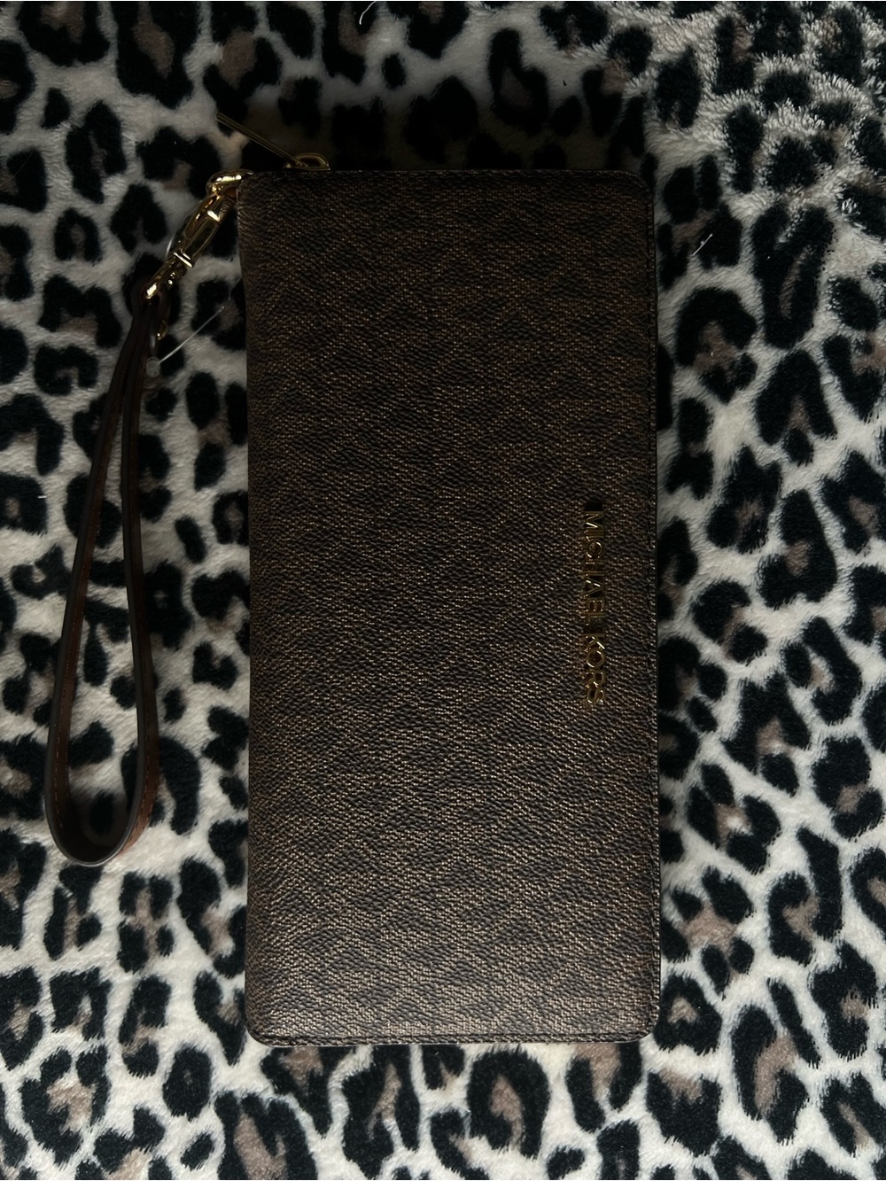 Michael Kors Dark Brown Zip Wristlet Clutch with Gold Hardware